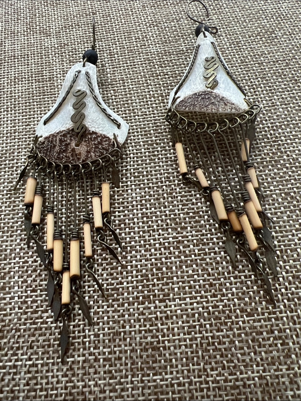 Handcrafted Beige and Brown Fringe Dangle Earrings